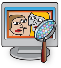 An illustration of a computer monitor displaying a picasso image, and a magnifying glass showing the pixels